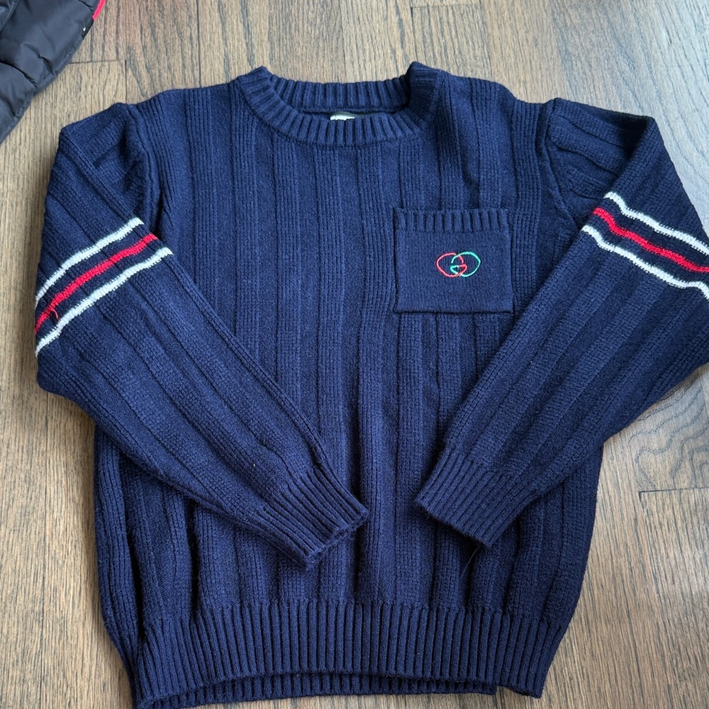 Kids' Navy Ribbed Crewneck Sweater with Stripe Detail